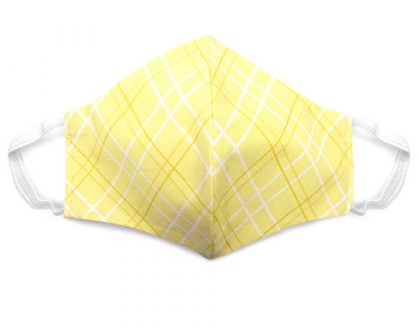 Handmade plaid pattern print fabric face mask with 100% cotton and elastic straps light yellow and white adult size.