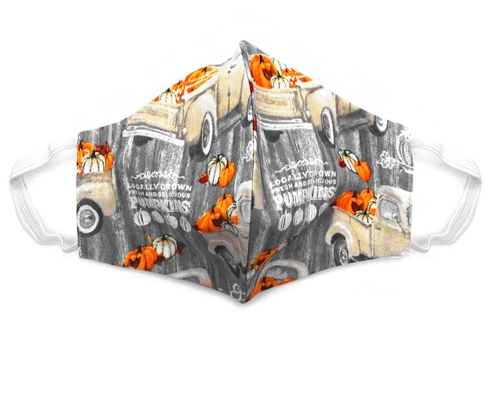 Handmade pumpkin pattern print fabric face mask with 100% cotton and elastic straps in gray, beige, orange and white adult size.