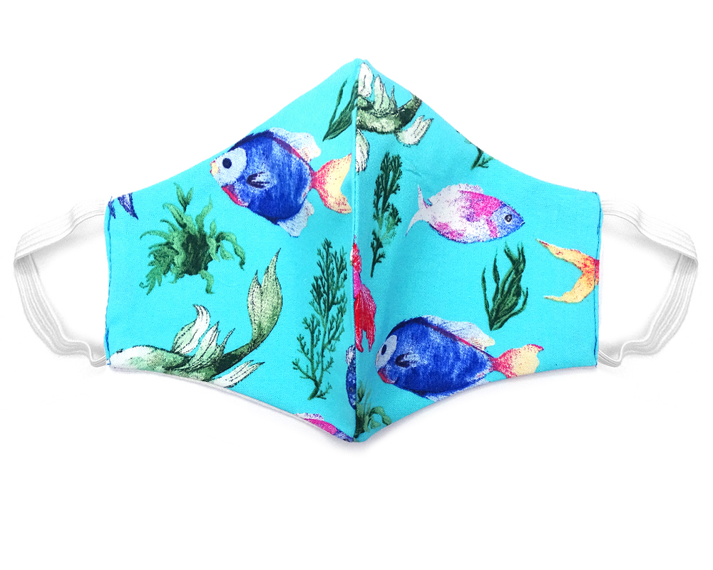 Handmade sea life pattern print fabric face mask with 100% cotton and elastic straps in turquoise and multicolored adult size.