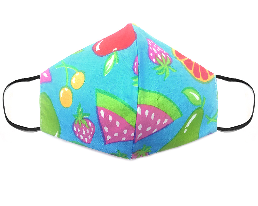 Handmade fruit medley pattern print fabric face mask with 100% cotton and elastic straps in turquoise and multicolored adult size.