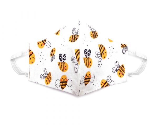 Handmade bee pattern print fabric face mask with 100% cotton and elastic straps in white, golden yellow, and black kid/teen size.