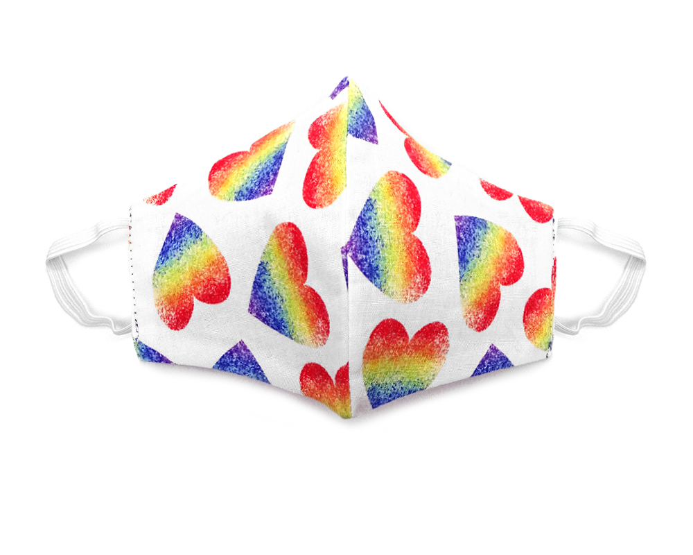 Handmade heart pattern print fabric face mask with 100% cotton and elastic straps in white and multicolored kid/teen size.