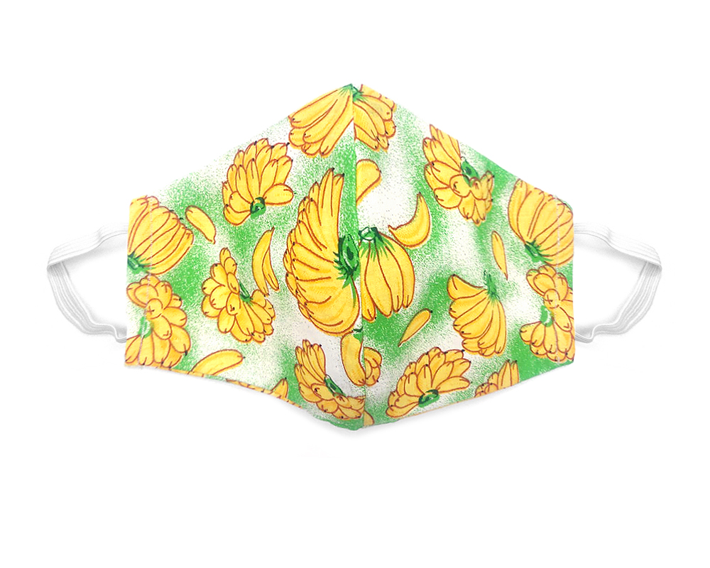 Handmade banana pattern print fabric face mask with 100% cotton and elastic straps in green, yellow, and white kid/teen size.