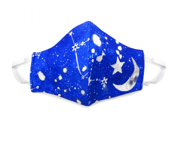Handmade galaxy print fabric face mask with 100% cotton and elastic straps blue, white, gray kid/teen size.