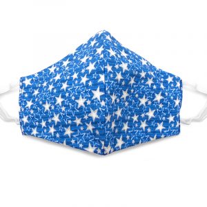 Handmade stars pattern print fabric face mask with 100% cotton and elastic straps in blue, turquoise, and white glitter kid/teen size.