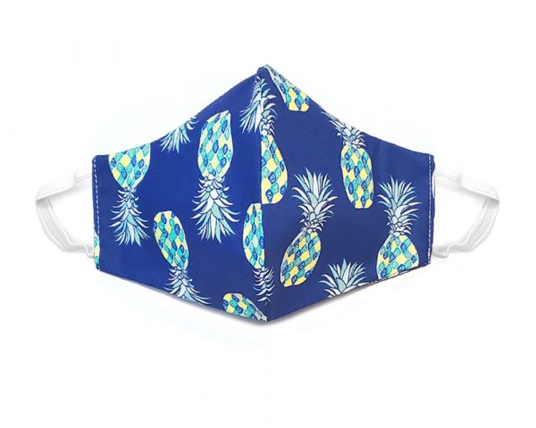 Handmade pineapple print fabric face mask with 100% cotton and elastic straps in blue, teal, and white kid/teen size.