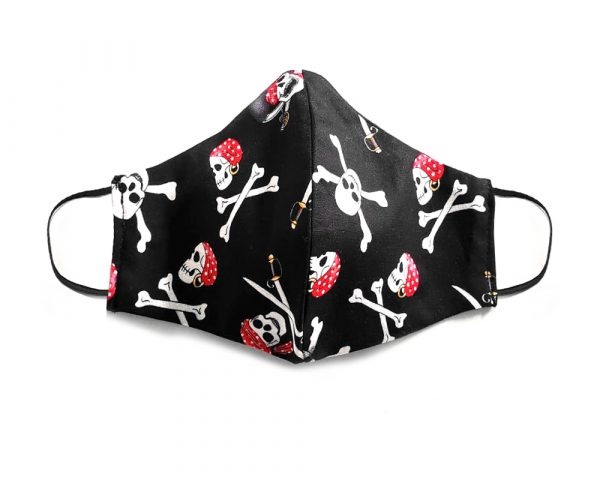 Handmade pirate skull print fabric face mask with 100% cotton and elastic straps black, white, and red kid/teen size.