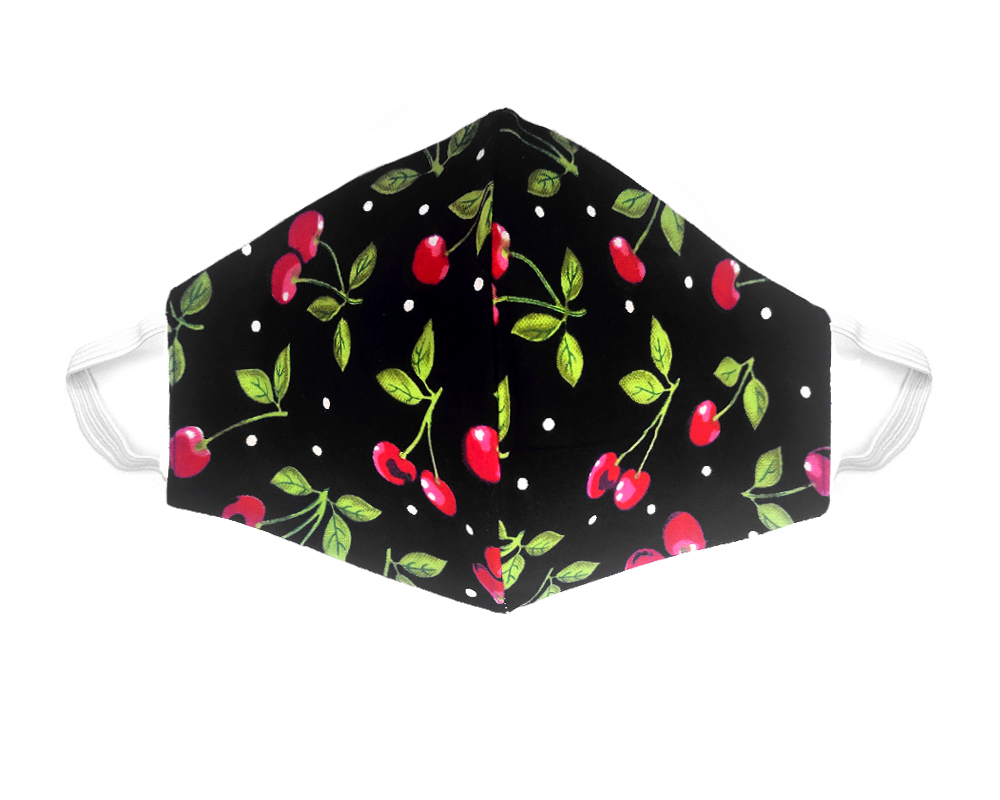 Handmade cherry pattern print fabric face mask with 100% cotton and elastic straps in black, red, and green kid/teen size.