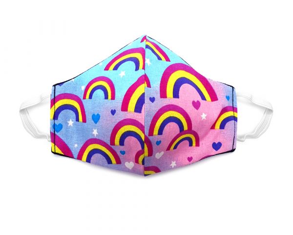 Handmade rainbow print pattern fabric face mask with 100% cotton and elastic straps in light blue and multicolored kid/teen size.