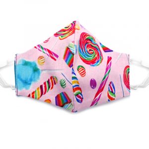 Handmade candy pattern print fabric face mask with 100% cotton and elastic straps in light pink and multicolored kid/teen size.
