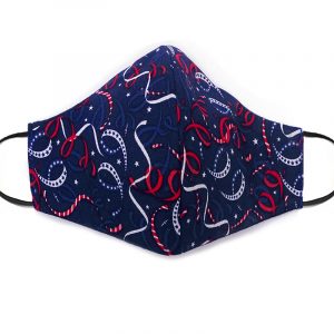 Handmade stars and streamers pattern print fabric face mask with 100% cotton and elastic straps in navy blue, red, and white kid/teen size.