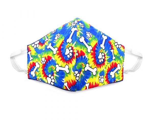 Handmade tie dye paw print pattern fabric face mask with 100% cotton and elastic straps in rainbow and white kid/teen size.