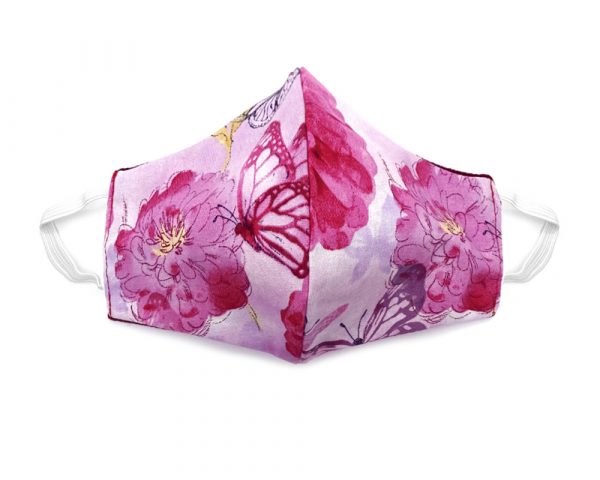 Handmade butterfly print fabric face mask with 100% cotton and elastic straps in light pink mauve, hot pink, and purple floral kid/teen size.