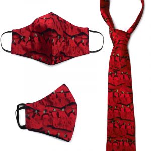 Handmade protective unity people abstract print pattern silk fabric face mask for adults with a matching tie set in red, black, and beige color combination.