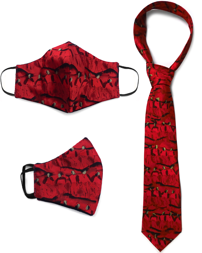 Handmade protective unity people abstract print pattern silk fabric face mask for adults with a matching tie set in red, black, and beige color combination.