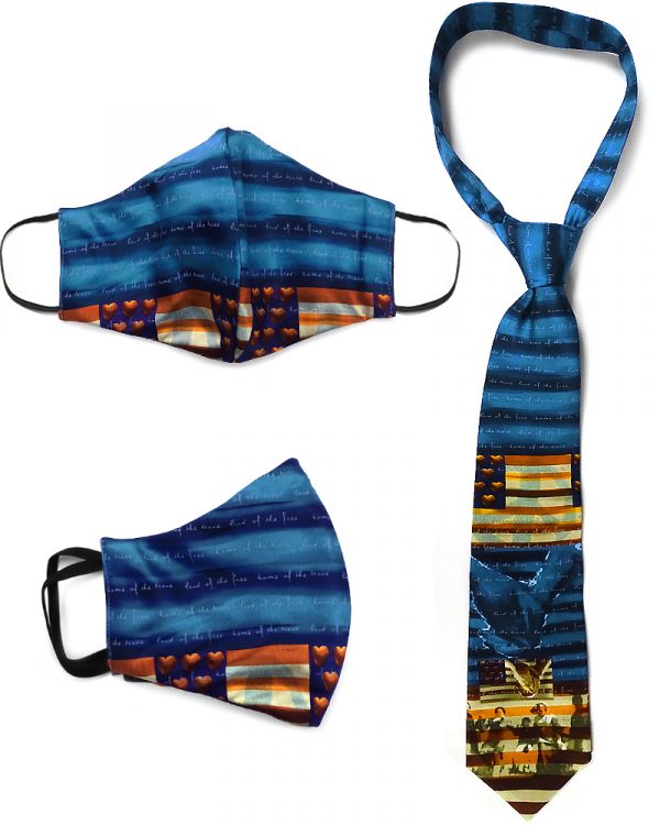 Handmade protective abstract American flag pattern silk fabric face mask for adults with a matching tie set in navy blue, turquoise, dark red, dark orange, and beige color combination.