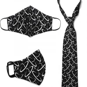 Handmade protective abstract space print pattern silk fabric face mask for adults with a matching tie set in black, gray, and white color combination.