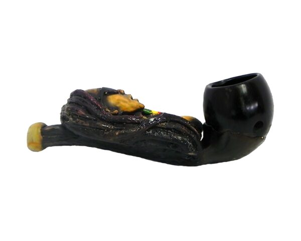 Handcrafted tobacco smoking hand pipe of a sexy Rasta woman with dreads and sunglasses in mini size.