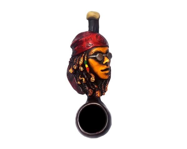 Handcrafted tobacco smoking hand pipe of a Rasta woman with bandana and sunglasses in mini size.