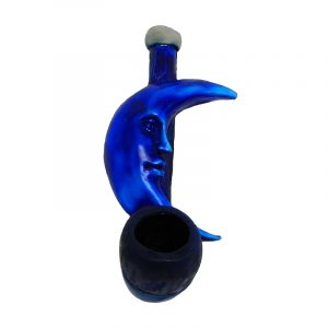 Handcrafted tobacco smoking hand pipe of a blue crescent half moon with face in mini size.