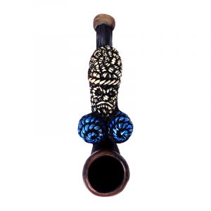 Handcrafted tobacco smoking hand pipe of a yarn-like penis with an angry face and blue balls in mini size.