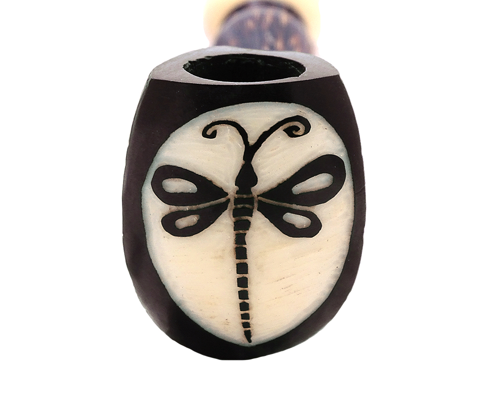 Handcarved tobacco smoking natural tagua nut hand pipe of a dragonfly in medium size.