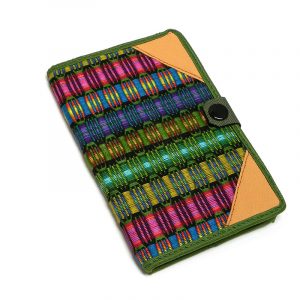 Handmade small woven cotton refillable notebook cover with multicolored stripes in olive green color.