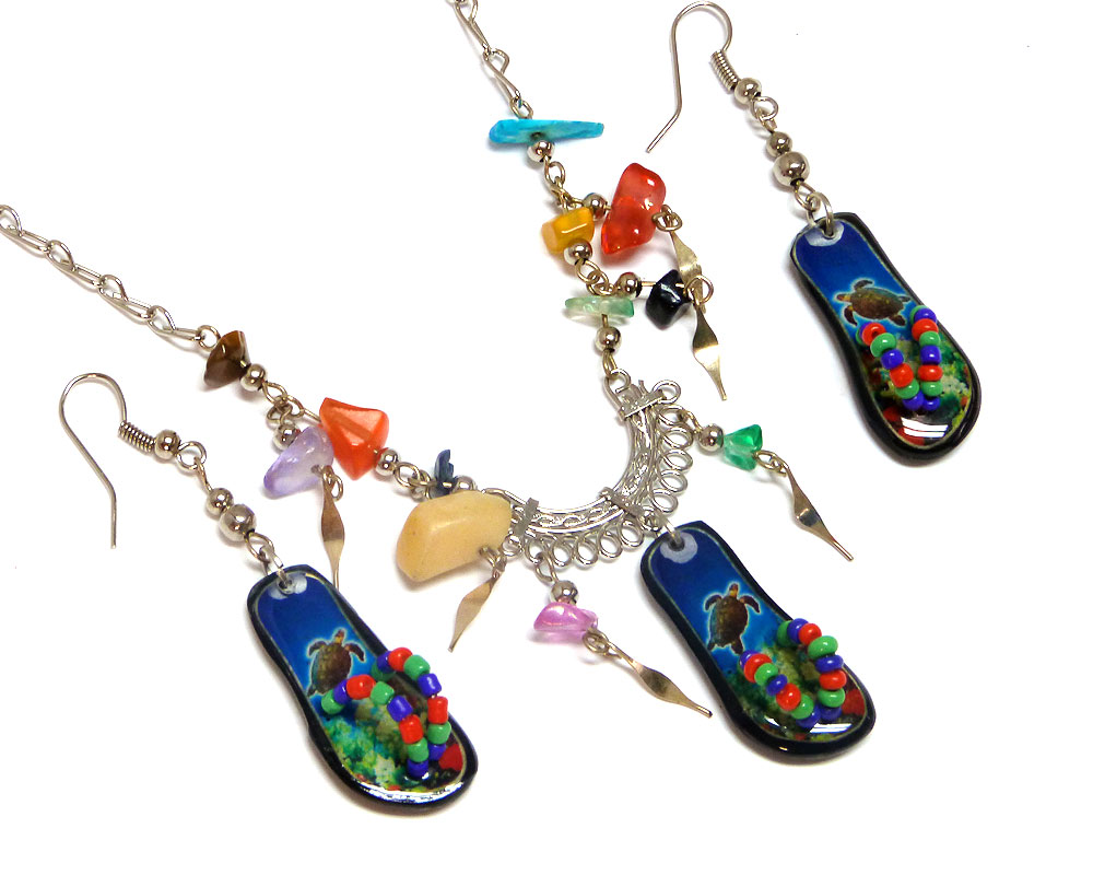 Handmade tropical sea turtle flip flop sandals acrylic necklace with multicolored chip stones and matching dangle earrings in blue, green, and red color combination.