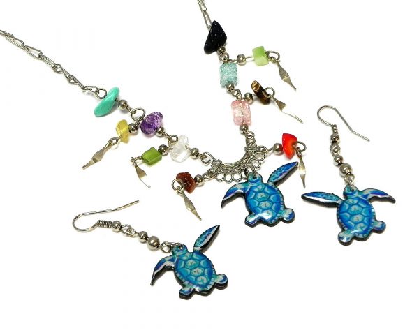 Handmade sea turtle acrylic necklace with multicolored chip stones and matching dangle earrings in turquoise, mint, and blue color combination.