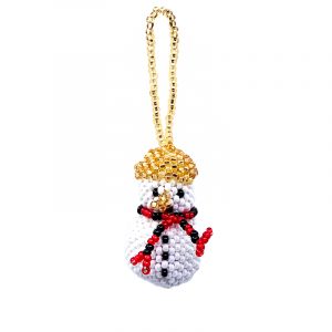 Handmade Czech glass seed bead Christmas figurine hanging ornament of a snowman in white, red, black, and gold color combination.