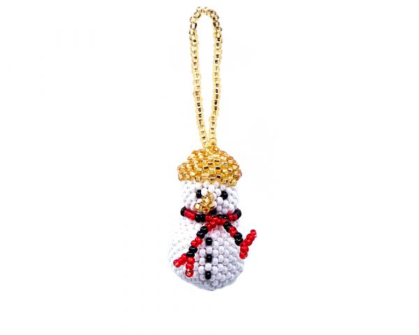 Handmade Czech glass seed bead Christmas figurine hanging ornament of a snowman in white, red, black, and gold color combination.