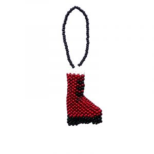 Handmade Czech glass seed bead Christmas figurine hanging ornament of a Santa boot in red, black, and white color combination.