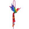 Handmade Czech glass seed bead hummingbird figurine hanging ornament with crystal beaded tail dangles in red and rainbow color combination.