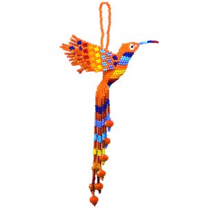 Mia Jewel Shop: Handmade matte Czech glass seed bead hummingbird figurine hanging ornament with crystal beaded tail dangles in orange and rainbow color combination.