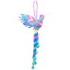 Handmade Czech glass seed bead hummingbird figurine hanging ornament with crystal beaded tail dangles in pastel pink and multicolored color combination.