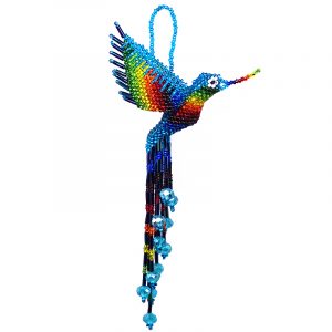 Mia Jewel Shop: Handmade Czech glass seed bead hummingbird figurine hanging ornament with crystal beaded tail dangles in turquoise blue and rainbow color combination.
