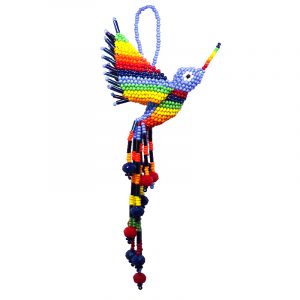 Mia Jewel Shop: Handmade matte Czech glass seed bead hummingbird figurine hanging ornament with crystal beaded tail dangles in purplish blue periwinkle and rainbow color combination.