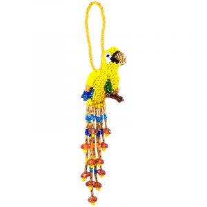Handmade Czech glass seed bead parrot figurine hanging ornament with crystal beaded tail dangles in matte yellow and rainbow color combination.