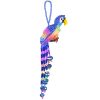 Handmade Czech glass seed bead parrot figurine hanging ornament with crystal beaded tail dangles in blue and pastel multicolored color combination.
