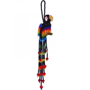 Handmade Czech glass seed bead parrot figurine hanging ornament with crystal beaded tail dangles in matte black and rainbow color combination.