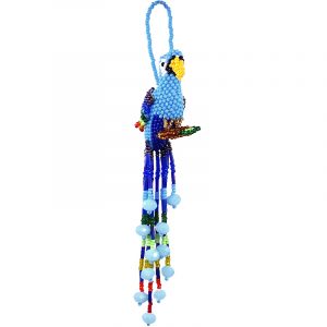 Handmade Czech glass seed bead parrot figurine hanging ornament with crystal beaded tail dangles in matte light blue and rainbow color combination.