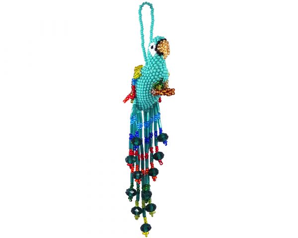 Handmade Czech glass seed bead parrot figurine hanging ornament with crystal beaded tail dangles in matte turquoise mint and rainbow color combination.