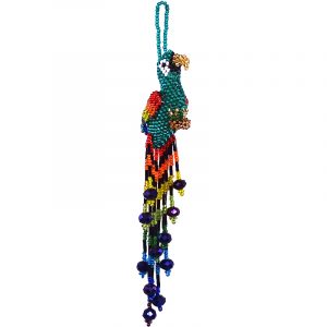 Handmade Czech glass seed bead parrot figurine hanging ornament with crystal beaded tail dangles in teal green and rainbow color combination.