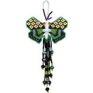 Handmade Czech glass seed bead butterflly figurine hanging ornament with crystal beaded tail dangles in green, lime green, black, white, dark brown, and light yellow color combination.