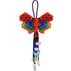 Handmade Czech glass seed bead butterfly figurine hanging ornament with crystal beaded tail dangles in rainbow color combination.