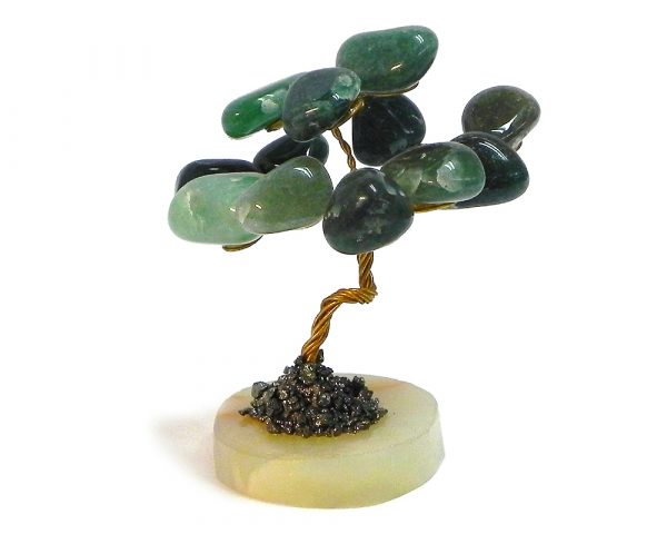 Handmade golden-colored metal wire and tumbled green aventurine gemstone crystal tree of life table ornament with crushed pyrite and a round stone base.