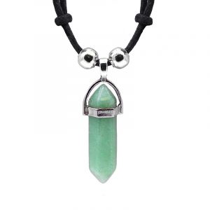 Handmade hexagonal-cut gemstone crystal point pendant with silver metal on adjustable necklace in green aventurine.