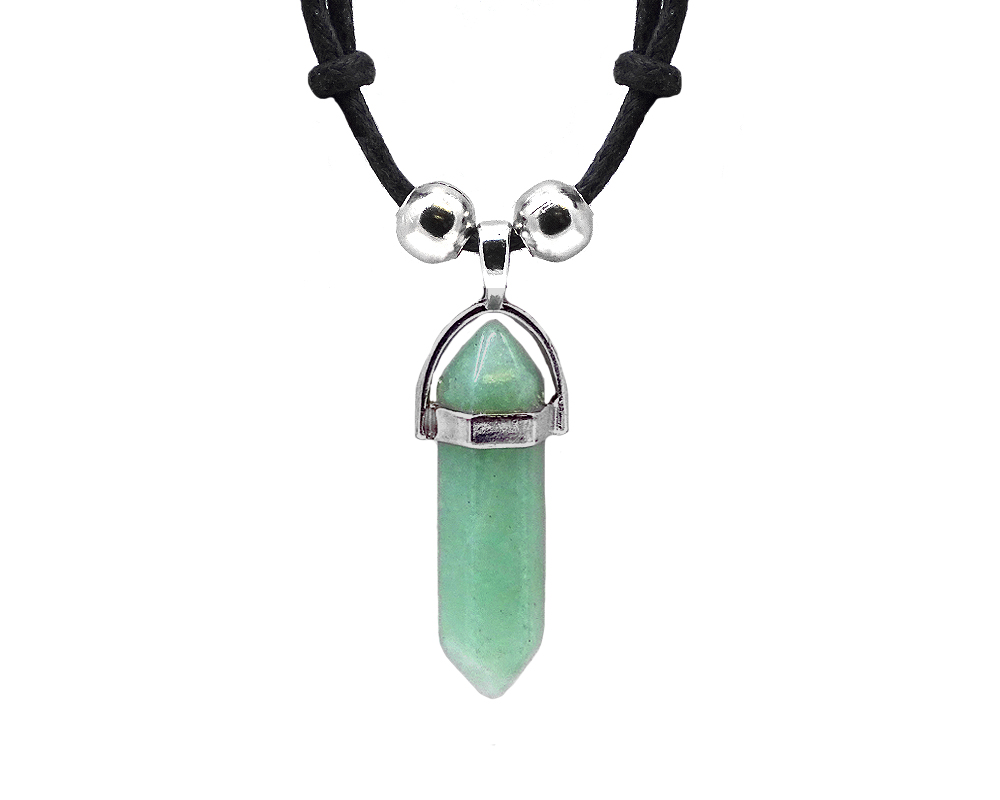 Handmade hexagonal-cut gemstone crystal point pendant with silver metal on adjustable necklace in green aventurine.