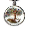 Handmade round-shaped clear acrylic resin, copper wire, and crushed chip stone inlay tree of life pendant on adjustable necklace in rainbow color combination.