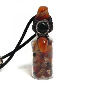 Handmade chip stones in clear glass wishing bottle handmade pendant with resin, tumbled gemstones, and mini round chrysocolla cabochon on adjustable necklace in orange agate.